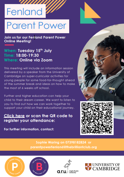 FenlandParentPower (@fenlandpp) on Twitter photo 📣Calling all parents & carers, you're warmly invited to our online Fenland Parent Power meeting on the 15th July, 6pm-7:30pm.
We're excited to be joined by a speaker from <a href="/Cambridge_Uni/">Cambridge University</a> who'll be delivering an IAG on super-curricular activities for young people. Sign up below👇 📣Calling all parents & carers, you're warmly invited to our online Fenland Parent Power meeting on the 15th July, 6pm-7:30pm.
We're excited to be joined by a speaker from <a href="/Cambridge_Uni/">Cambridge University</a> who'll be delivering an IAG on super-curricular activities for young people. Sign up below👇