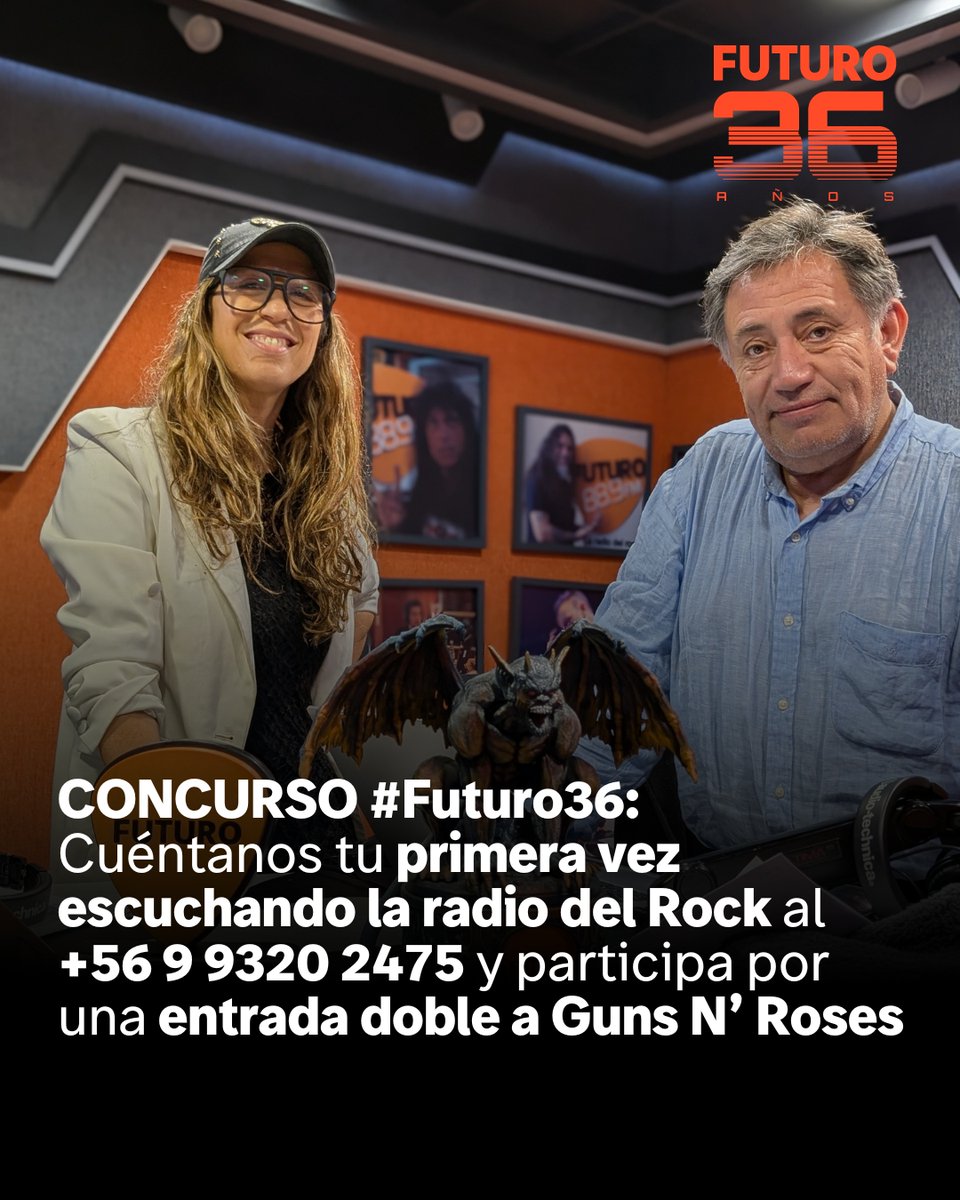 #Futuro36: Celebramos el aniversario 36 de la radio del Rock. Envía tu saludo al +56 9 9320 2475, cuéntanos tu primera vez escuchado Futuro y quédate atento a nuestro llamado… contesta diciendo “36 años de rock en Futuro” y podrás ganar una entrada doble para Guns N’ Roses.
