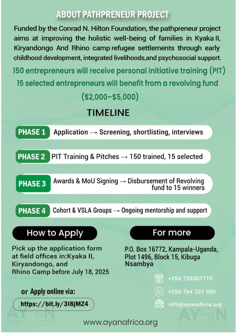 📣 CALL FOR APPLICATIONS!
AYAN is supporting refugee &amp; host community entrepreneurs in Kyaka II, Kiryandongo &amp; Rhino Camp.
APPLY NOW for the 2025 #AYANPathpreneur Program &amp; receive:
✅ Business Training
✅ Mentorship
✅ $2,000–$5,000 Fund
✅ Market Access
bit.ly/3I8jMZ4