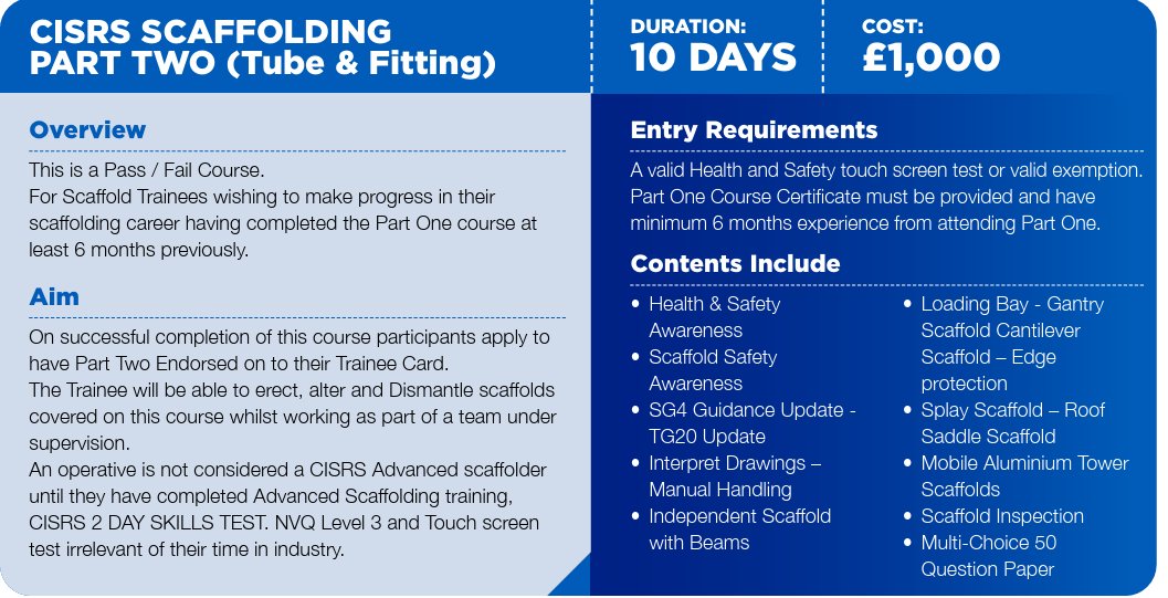 Last minute space available in our next CISRS Part 2 Tube &amp; Fitting  Course 21st July - 1st Aug 2025. For more information and to book contact scaffolding@citbni.org.uk