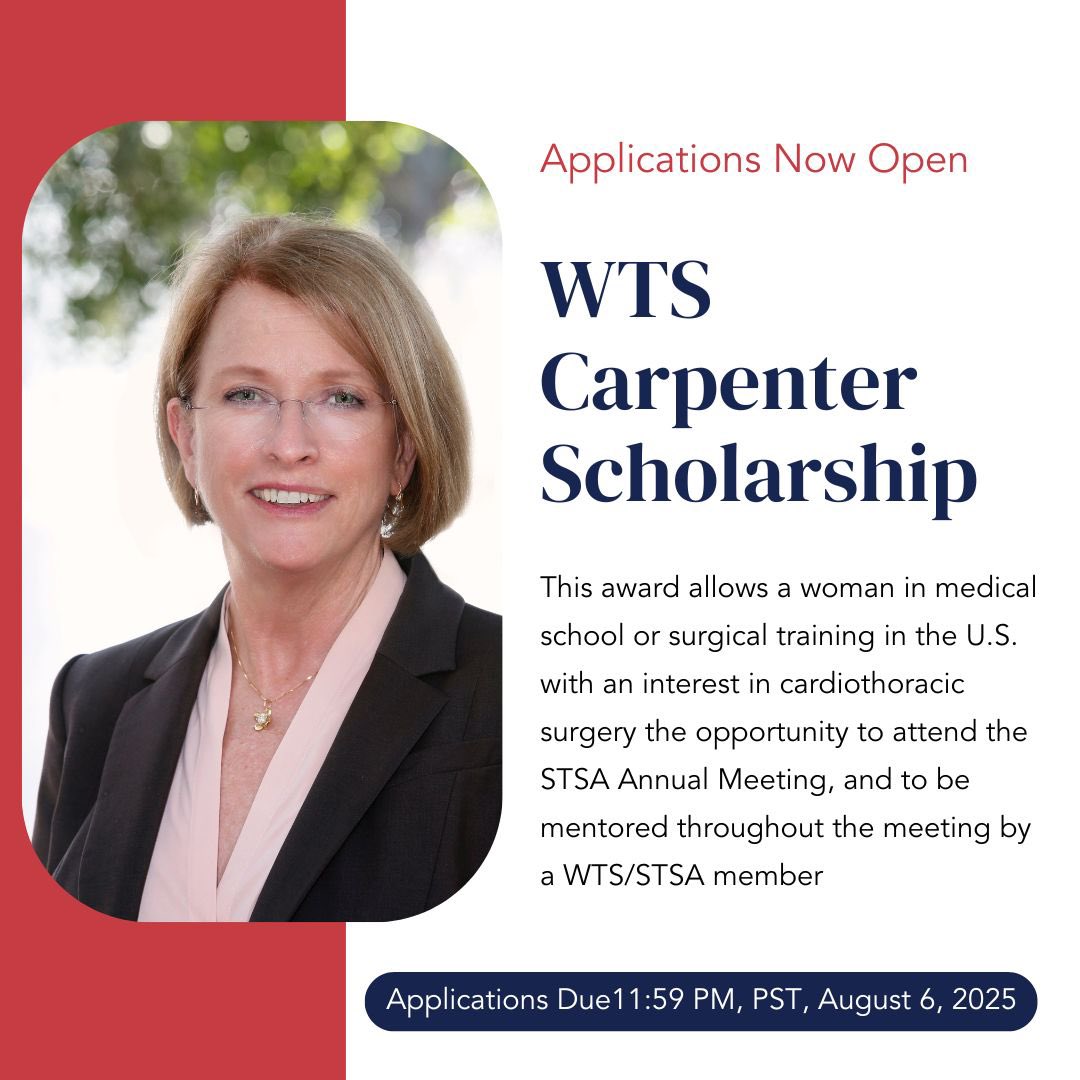 Applications are now open for the #WTS Carpenter Scholarship! This award supports U.S.-based women in medical school, surgical training, or a postdoctoral gap year with a commitment to cardiothoracic surgery,