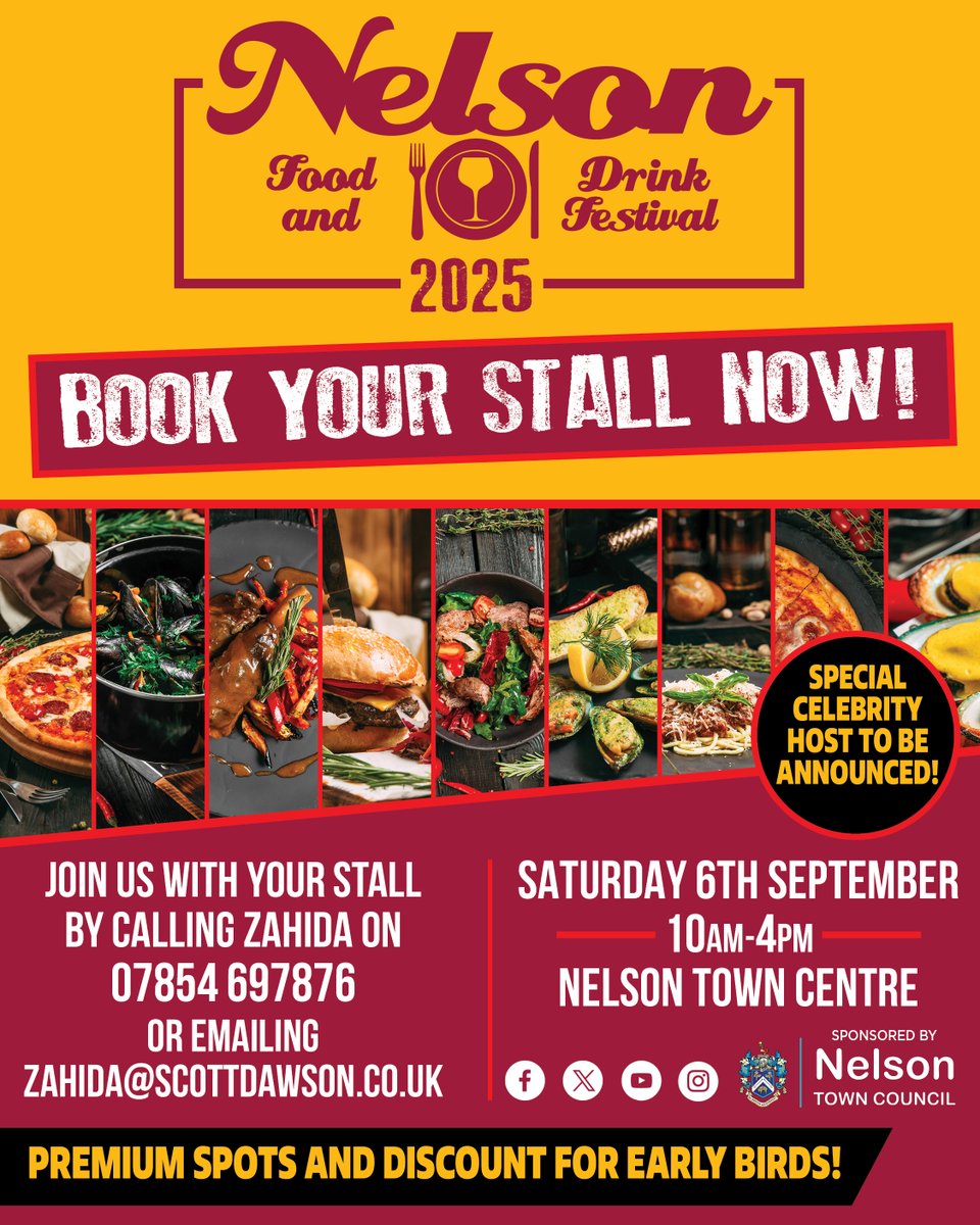The Nelson Food &amp; Drink Festival is back on Saturday 6th September... book your stall today! 🍕🥟🌮

🤩 Early bird discount available until 31st July
📧 Email zahida@scottdawson.co.uk
📞 Call 07854 697876
🤝 Event sponsored by <a href="/nelsontcouncil/">Nelson Town Council</a>

<a href="/pendlebc/">Pendle Council</a> <a href="/marketinglancs/">Marketing Lancashire</a>