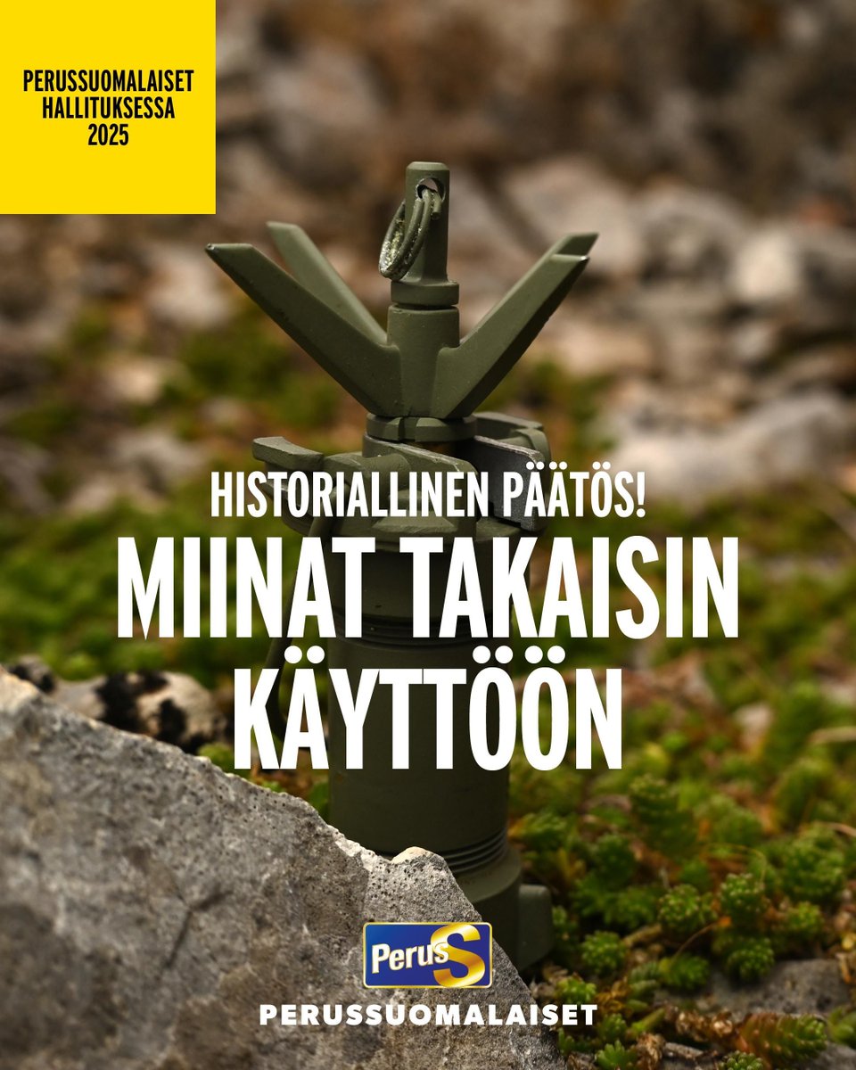 persut's tweet image. Olemme irtaantuneet Ottawan sopimuksesta, joka kieltää jalkaväkimiinojen käytön jopa sodassa. Perussuomalaisten mielestä siihen ei koskaan olisi pitänyt liittyä.