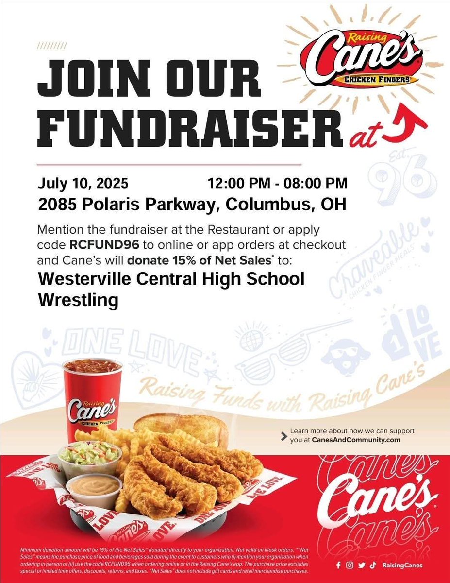 TODAY IS THE DAY!!!
Enjoy some Cane's at the Polaris location TODAY for lunch or dinner from 12p-8p and mention the Westerville Central High School Wrestling Team Fundraiser or use this code online: RCFUND96
