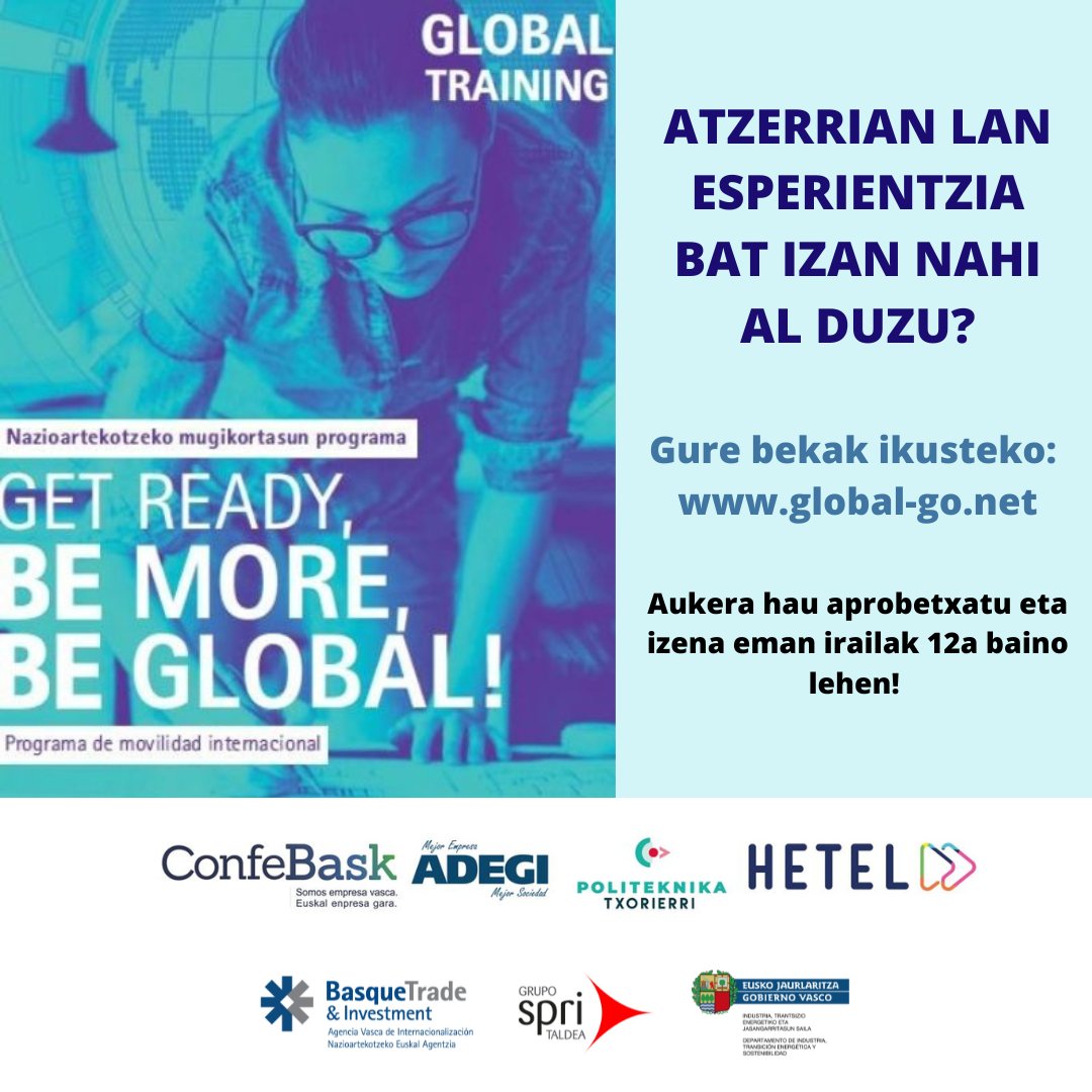 ADI!! Tik tak tik tak...#GlobalTraining beketan izena emateko epea uztailak 15ean irekiko da. Eskaintzak egun horretan argitaratuko dira global-go.net helbidean. Atzerrian esperientzia bat izateko aukera paregabea! #gazteak #atzerria #lanbideheziketa #unibertsitatea
