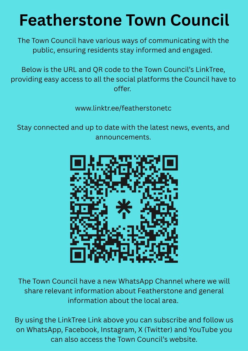 📢 Stay connected with Featherstone Town Council!

📲 Scan the QR code to follow us on WhatsApp, Facebook, YouTube, Instagram &amp; X.

Get the latest news, events &amp; announcements — all in one place.

🌐 Visit our website to learn what we do vs. the District Council.