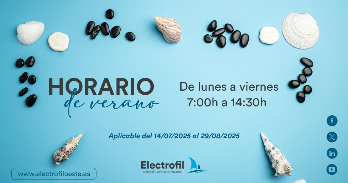📢Horario de verano
Con la llegada del verano, en Electrofil ajustamos nuestro horario de atención al cliente para ofrecerte un mejor servicio durante estos meses:

🗓️ Del 14 de julio al 29 de agosto
🕐 Nuevo horario: de 7:00 a 14:30 h (lunes a viernes)

¡Feliz verano! ☀️