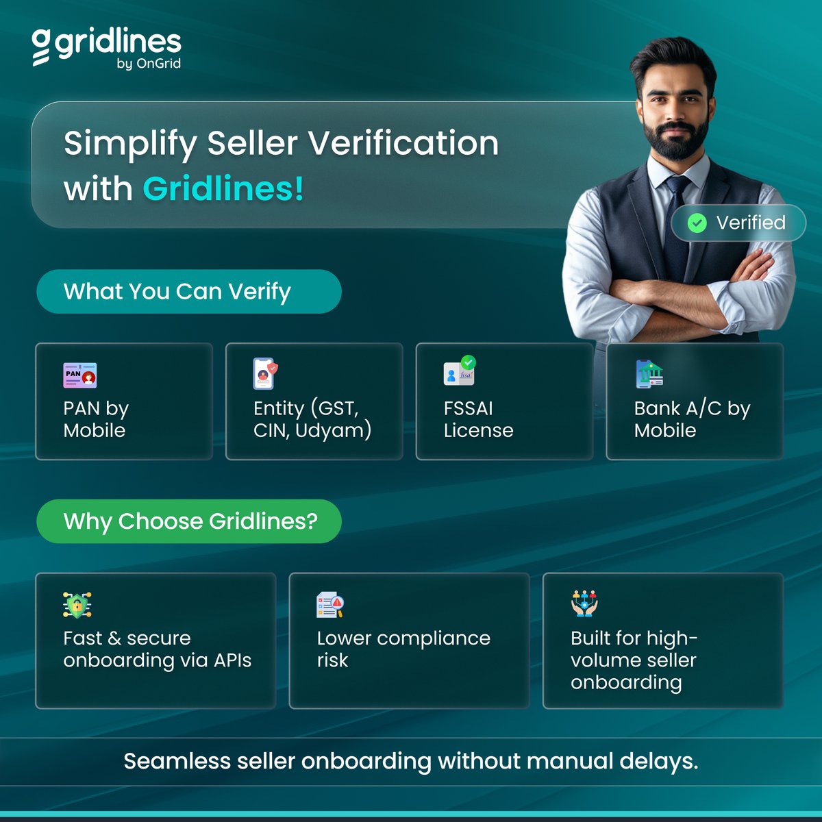 On_Grid's tweet photo. For platforms managing hundreds (or thousands) of new sellers every month, Gridlines offers a seamless way to verify and onboard with speed and compliance.

From PAN and bank details to #GST, #FSSAI, and Udyam checks, our verification suite automates what matters most. https://t.co/VKriflIV1v