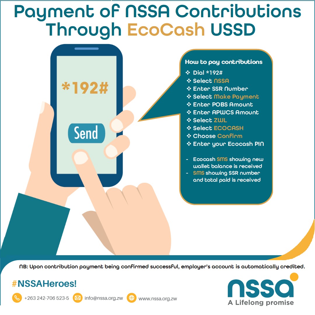 DID YOU KNOW THAT WE ACCEPT ECOCASH PAYMENTS?
Simply dial *192#, and follow the prompts to pay your NSSA bills.
 #NSSAHeroes
 #ALifelongPromise
