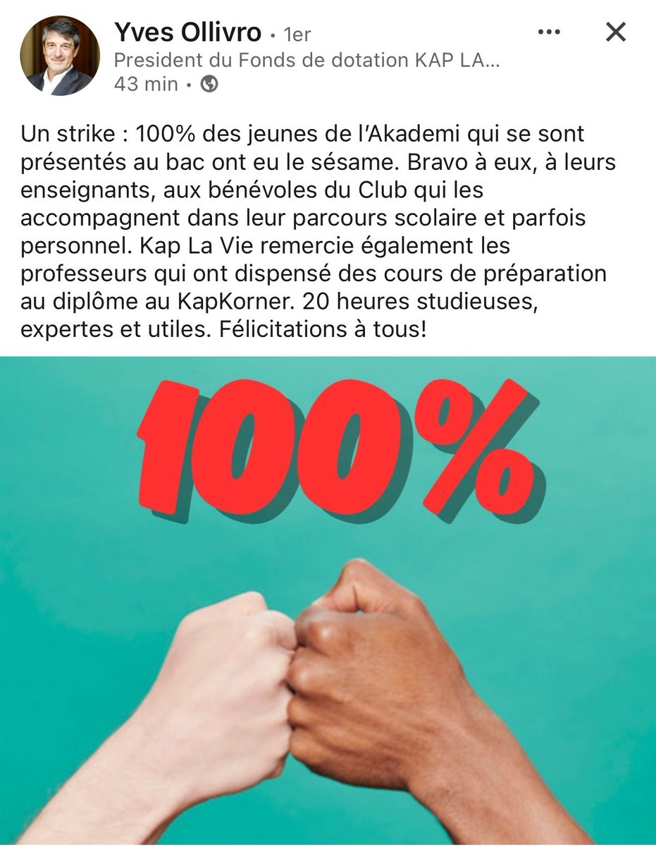[#AkademiEAG] « 100% des jeunes de l’Akademi qui se sont présentés au bac ont eu le sésame » indique Yves Ollivro, président du fonds de dotation Kap La Vie, sur LinkedIn 👏🎓