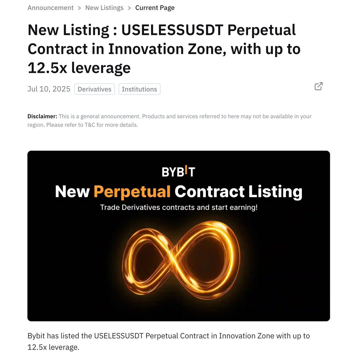 Bybit, the world's second largest perps CEX, just listed #USELESS coin futures

completely free, organic, and unsolicited

AFAIK they weren't even in touch with the CTO team

it doesn't matter how sidelined CT is or how much they hate USELESS

the world's biggest CEXs are taking