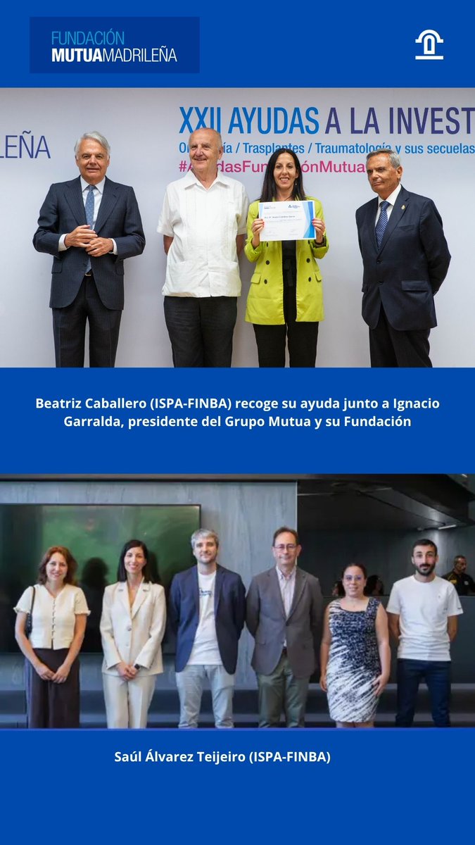 FINBAsturias's tweet photo. 🎓 Dos equipos del #ISPA reciben ayudas de @fmutuamadrilena 2025
🔬 Psicodélicos y salud mental – Dra. Caballero
🧬 Cáncer cabeza/cuello – Dr. Álvarez Teijeiro
¡Gracias por apostar por la #InvestigaciónDeCalidad #AyudasFundacionMutua #FINBA #SaludMental #Oncología #MutuaMadrileña https://t.co/ajHHEBkp01