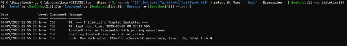 guyrleech's tweet image. Finally made a video to show how I build up regex bit by bit, testing as I go.
The example here is parsing a CBS (Component Based Servicing) log but technique can be used for any log file.
Resulting #Regex may look scary but please watch how it is built.
10 minutes, unscripted,…