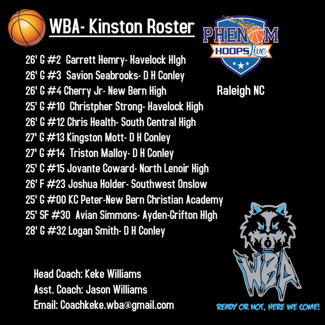 🚨 Schedule Update 🚨 
Today (7/10/25) we will showcase our talent at 4pm and 6pm then at 12pm and 2pm on Friday (7/11/25) during the Live Period with Phenom Hoops in Raleigh NC. #wbawolves