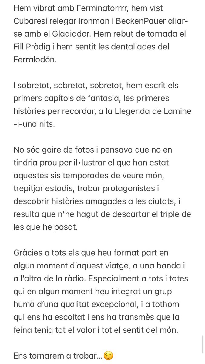 La temporada que ve ja no narraré el Barça a SER Catalunya. Gràcies a tots pel viatge, ha estat apassionant 😉

instagram.com/p/DL7RVcEo_C-/…
