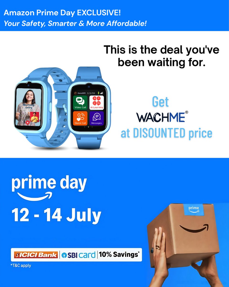 🚨 This Prime Day, the wait is OVER!
Say hello to your new smart BFF – WachMe ⌚💙
✅ Made in India
✅ Assembled in Noida
✅ Designed for Indian families
✅ Packed with safety + smart features!

#WatchMeIndia #primeday #PrimeDayDeals #MadeForIndia #SmarterSaferBetter