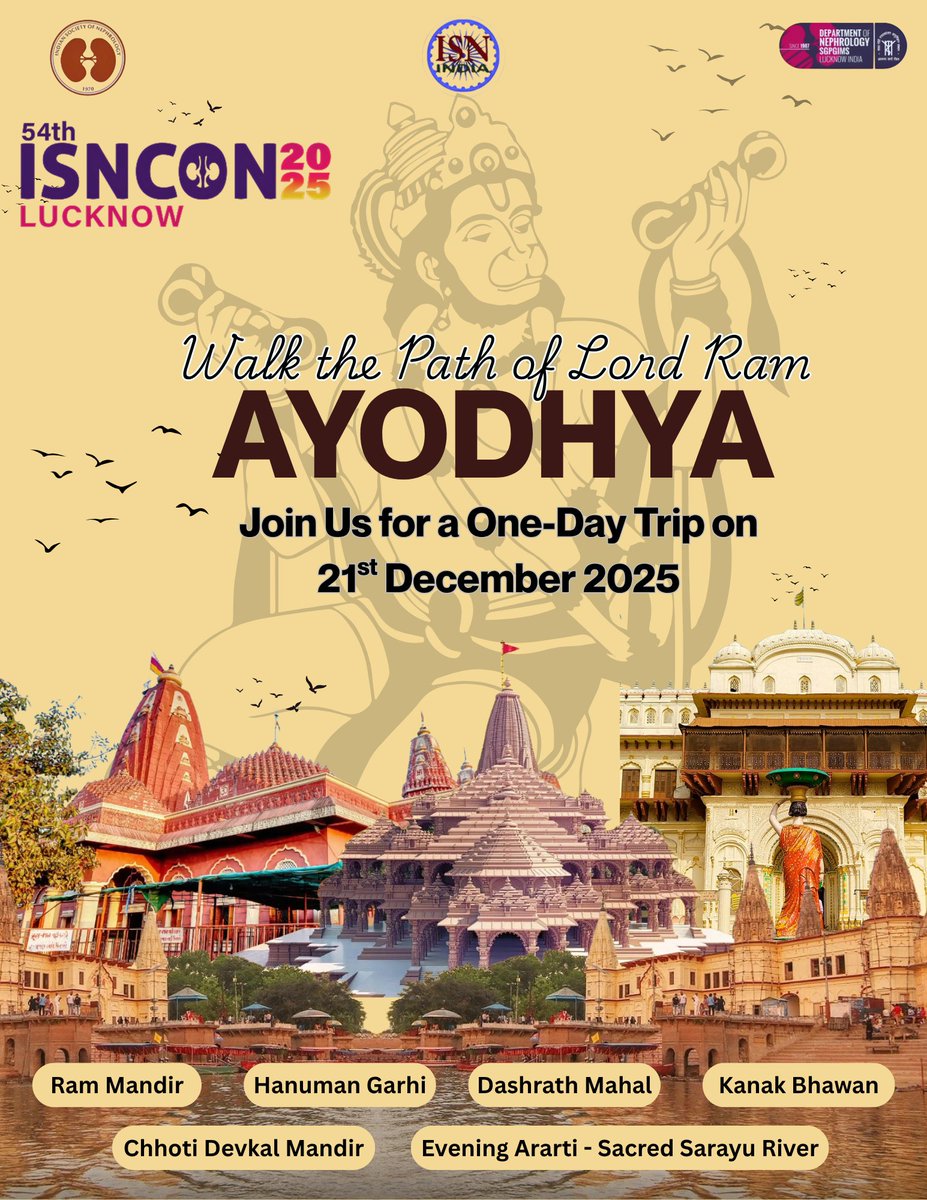 Isncon25's tweet image. π© Walk the Path of Lord Ram in AYODHYA!
Join us for a divine one-day trip during #ISNCON2025 on 21st Dec 2025 π
π Ram Mandir | Hanuman Garhi | Kanak Bhawan
β¨ Evening Aarti at Sarayu River
#AyodhyaTrip #SpiritualJourney #ISNIndia #Lucknow2025