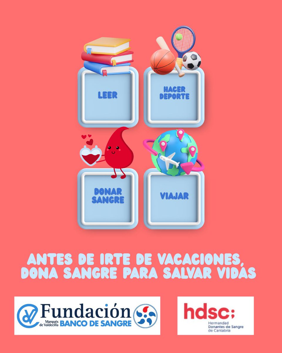 BANCO DE SANGRE DE CANTABRIA (@bscantabria) on Twitter photo Recuerda: En #verano, antes de hacer la maleta💼, ven a donar #sangre o #plasma 🩸
‼️Tu colaboración en la época estival para mantener las reservas sanguíneas es muy importante❤️
#donasangre #donaplasma #donavida #cadagotacuenta #gracias Recuerda: En #verano, antes de hacer la maleta💼, ven a donar #sangre o #plasma 🩸
‼️Tu colaboración en la época estival para mantener las reservas sanguíneas es muy importante❤️
#donasangre #donaplasma #donavida #cadagotacuenta #gracias