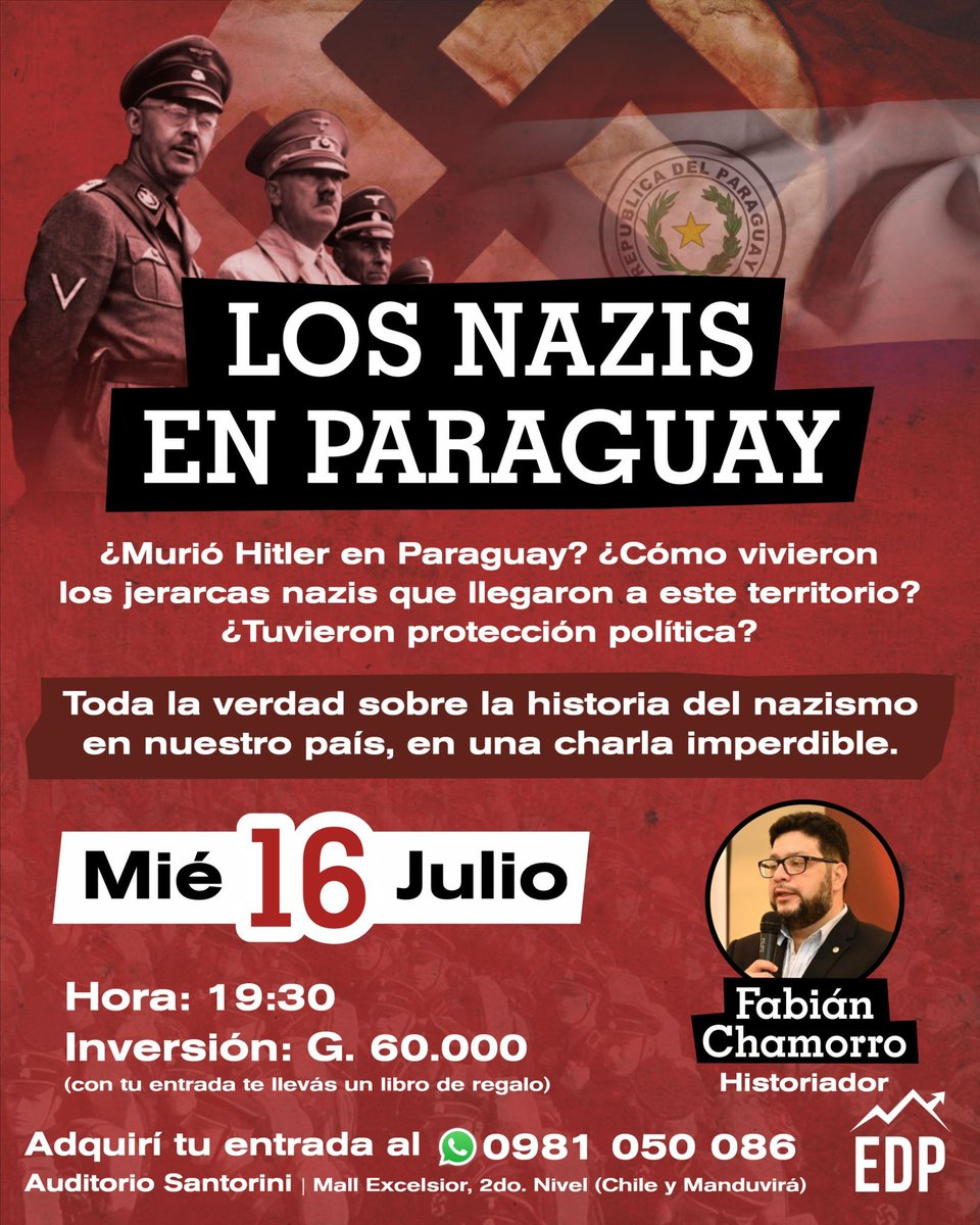 Volvió el ciclo de charlas sobre los nazis en Paraguay. Esta vez le agregué una parte donde hablo de la muerte de Hitler y donde están sus restos. En el flyer los datos para que puedas sumarte 👇🏻
