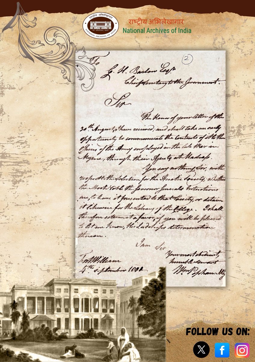 #ThisDayInHistory | 10 July 1800
The British established Fort William College in India. #NAI shares a 4 Sept 1800 letter where Major Gen. W. Popham asks if books from Tipu Sultan’s Library, meant for the Asiatic Society, would be used for the college. 

-Home, Pub, 1800, No. 41