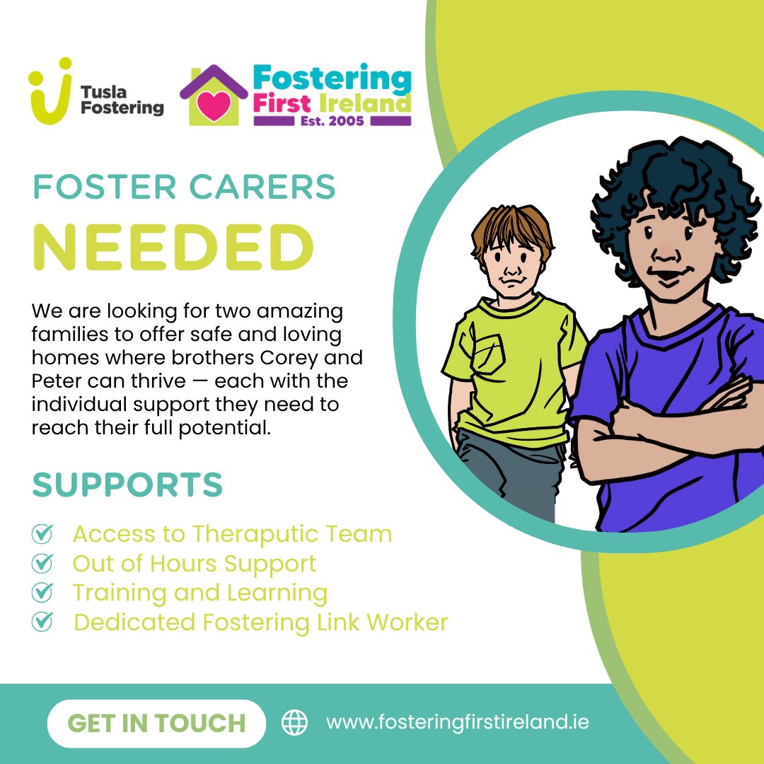 Fostering First (@fosteringfirst) on Twitter photo In partnership with <a href="/tusla/">Tusla - Child and Family Agency</a>, we’re looking for two amazing families who can offer safe, loving homes where Corey and Peter can thrive.
If you think you could make a difference — or if you’d just like more information — we’d love to hear from you.
📷 Get in touch with our team. In partnership with <a href="/tusla/">Tusla - Child and Family Agency</a>, we’re looking for two amazing families who can offer safe, loving homes where Corey and Peter can thrive.
If you think you could make a difference — or if you’d just like more information — we’d love to hear from you.
📷 Get in touch with our team.