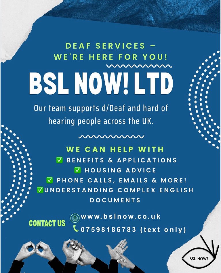 Need help with daily tasks?
We’re here for the d/Deaf &amp; hard of hearing community across the UK!
Our Deaf team at BSL NOW! can support with: Benefits, Housing, Calls, forms &amp; more
🌐 bslnow.co.uk
📱 07598 186783 (text only)
📧 info@bslnow.co.uk
 #DeafSupport  #BSL