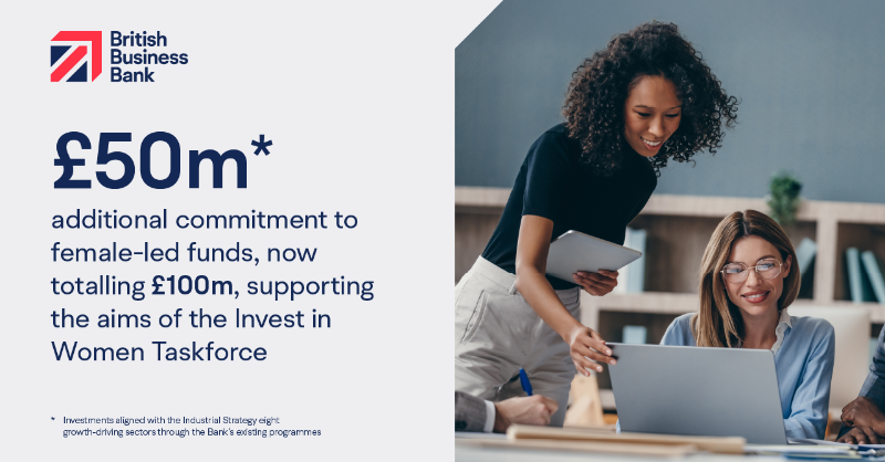 BritishBBank's tweet photo. 💡 We’re doubling our support for women in venture under the Invest in Women Taskforce. 

We’re committing an extra £50m to female-led funds aligned with the UK Industrial Strategy, bringing our total commitment to £100m