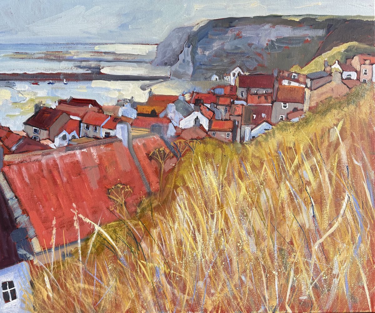 #WIP Almost there now. Roof Tops, Sea and Nabs on a lovely sunny June day. #Staithes #YorkshireCoast 24x29” #blockcanvas