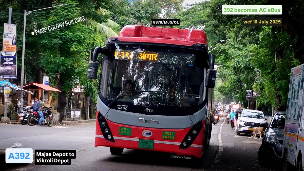 PadaveShubham's tweet image. 392 becomes Olectrified.

Route 392: #Majas Depot to #Vikroli Depot via Agarkar Chowk, #Andheri gets an upgrade with AC eBuses of @OlectraEbus wef 10.July.2025 and will be now known as A392.

Thanks to @myBESTBus.

Also MUT have started operating Route 428 from today.