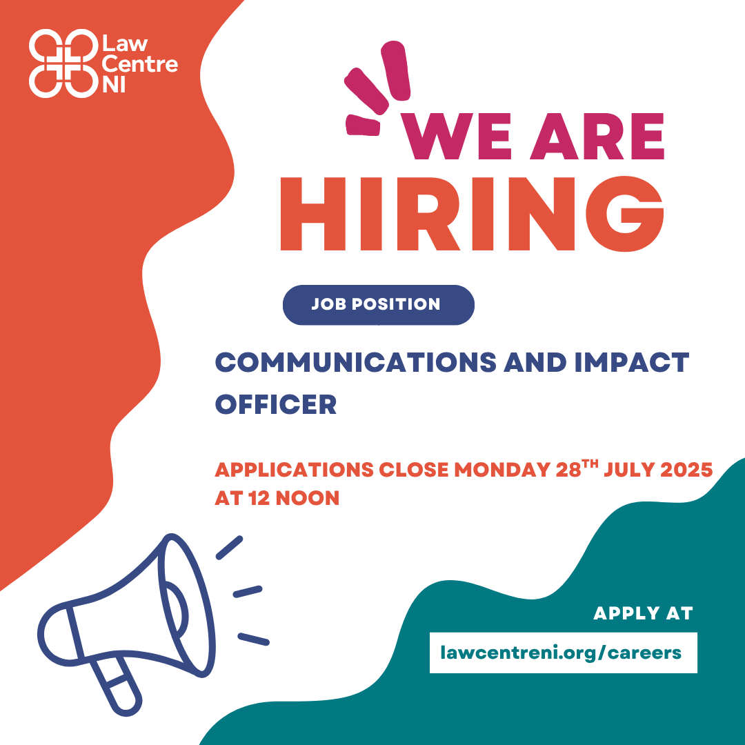 ‼️We're hiring for a Communications and Impact Officer ‼️

Applications close on Monday 28th July 2025 at 12 noon ⏰

Please visit our website for more information ⬇️
lawcentreni.org/about-us/caree…