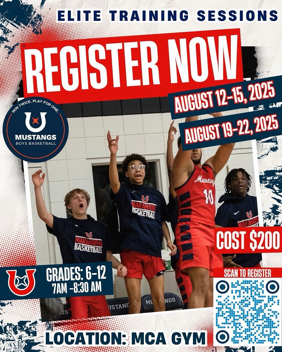 🏀 Two camps. One goal: get better.
Sign up for both August basketball camps now! 💪🔥

📲 mcamustangs.campbrainregistration.com

❓ Questions? Coach <a href="/Blessed2Coach/">Al Harris</a> : al.harris333@gmail.com

#MCAMustangs #BasketballCamp #GrindSeason #YouthBasketball