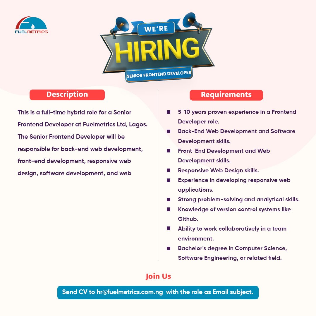 EpumpAfrica's tweet image. We’re building something great, and we need great minds.
Are you a seasoned frontend developer ready to lead, build, and scale?

Let’s talk.
📍 Lagos (Hybrid)
📩 hr@fuelmetrics.com.ng

#jobs #wearehiring #seniorfrontenddeveloper