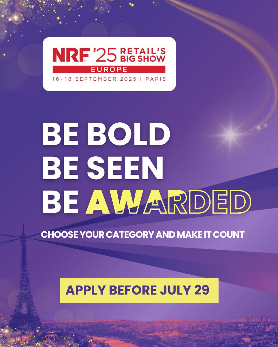 [Last call] Award submissions close July 29! 🚨
Shine at <a href="/nrfeurope/">NRF 2025: Retail's Big Show Europe</a> 🏆🌍

9 categories to spotlight your innovation in front of global retail leaders.
✨ Big visibility
🎁 Free for exhibitors
Apply now → nrf-awards.agorize.com/fr/challenges/…

#NRFRetailsBigShowEurope #Retail #Innovation