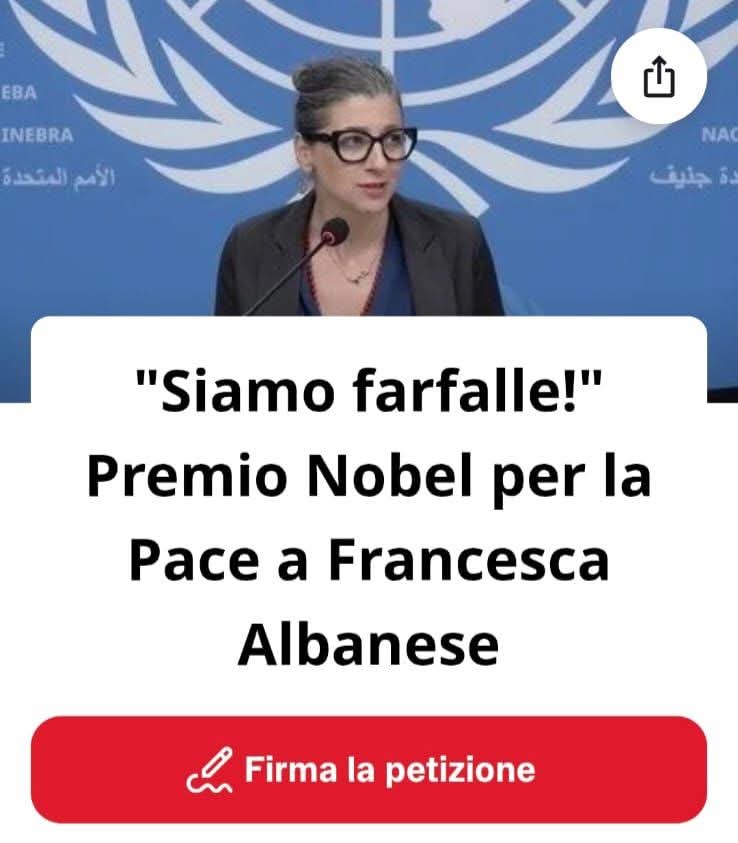 "Siamo farfalle!" Premio Nobel per la Pace a Francesca Albanese"

Firma qui 👇 

chng.it/pmLmzJSSPK

#francescaalbanese