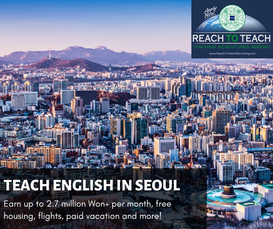 Reach_To_Teach's tweet image. Reach To Teach is #ESLTeachers for positions in #Seoul, #SouthKorea. Earn up to 2.7 million Won per month, plus free housing, flights, and more! Learn more about teaching in Korea. Submit your application at: buff.ly/49iOTDi
#TeachAbroad #TeachinKorea