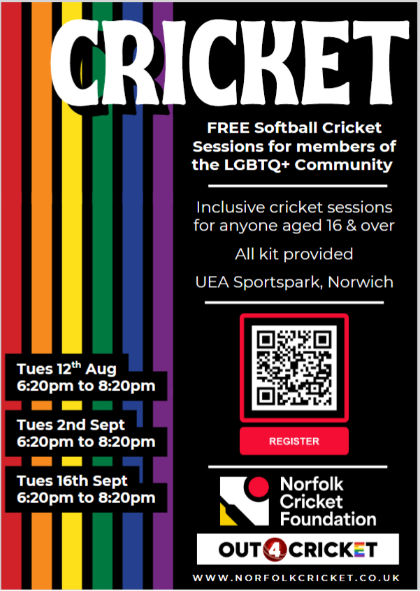 out4cricket's tweet photo. Come and get involved - #LGBTQ+, interested in #cricket and based in #Norfolk? Come along and get involved in the sport this summer. We are proud to be working with @NorfolkCricket to make the game as #inclusive as possible. #sportforall #rainbowlaces https://t.co/W6JnSVsJwL