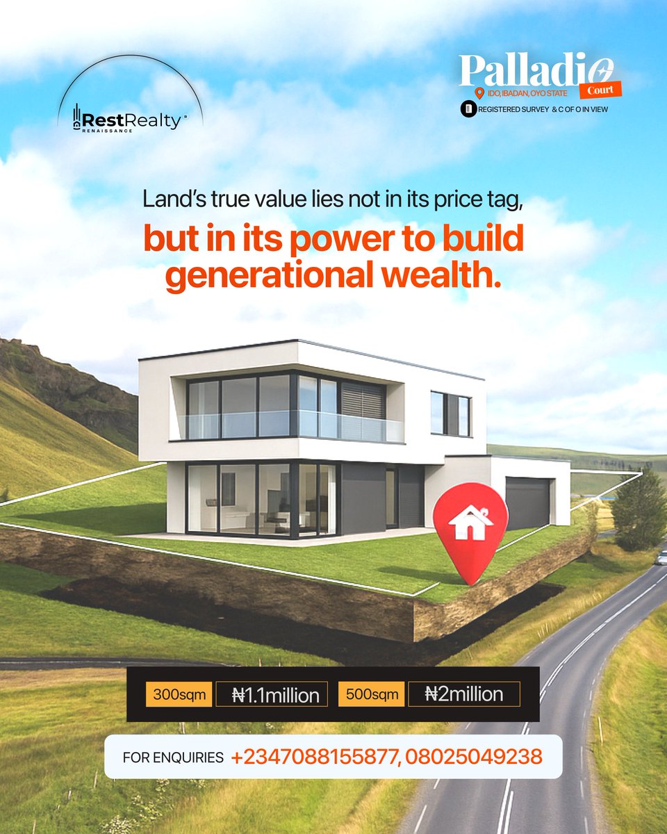 Some things in life go out of style but land isn’t one of them.
It’s not just about today’s price…
It’s about creating something that lasts for generations.
300sqm – ₦1.1M | 500sqm – ₦2m

📞 Call/WhatsApp: +2347088155877, 08025049238

#palladiocourt #restishere #restrealty