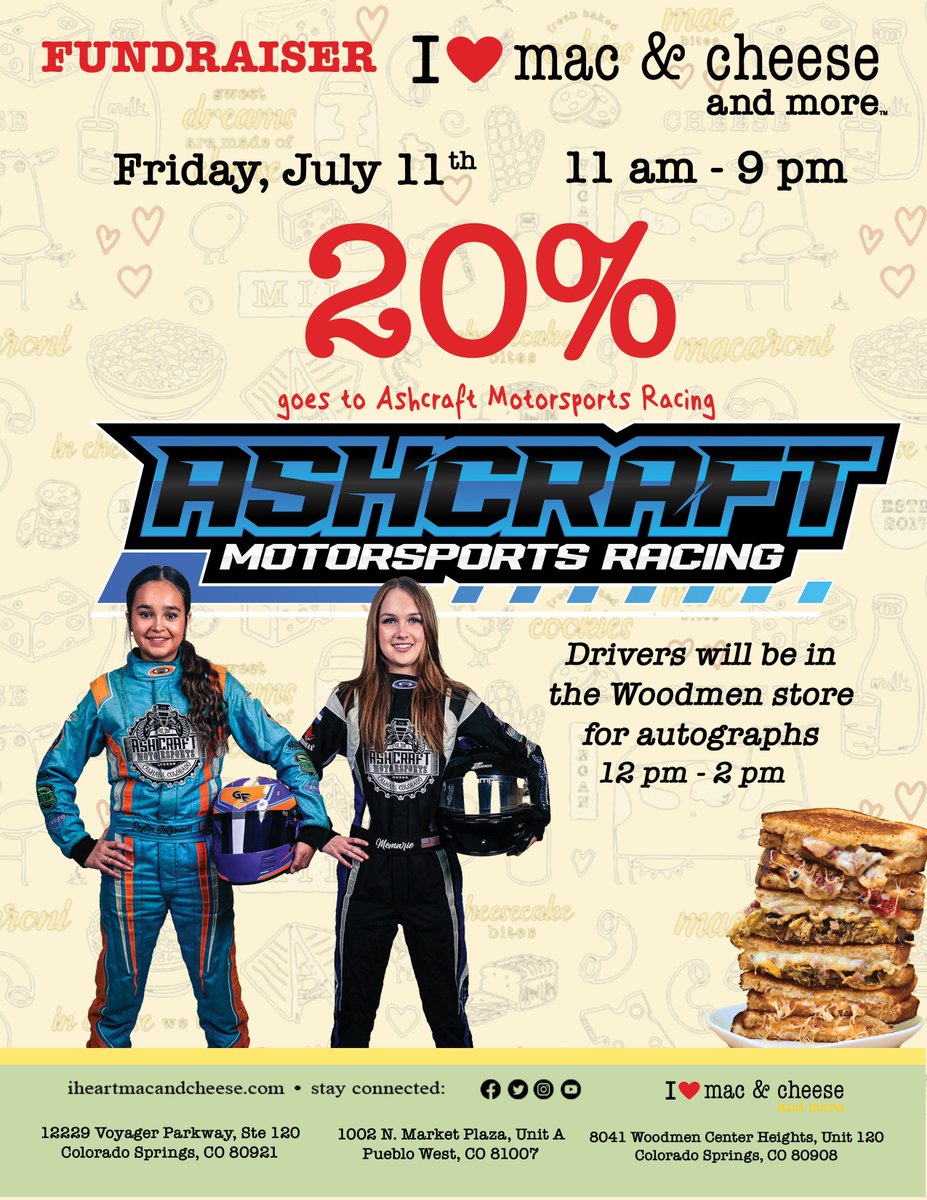 AshcraftRacing's tweet photo. Payton and Memarie will be at I heart Mac and Cheese this Friday from helping to raise funds for the team and the 2025-26 scholarship fund. 

#sisterhoodofspeed #womeninmotorsports #girlswhorace   #WomenInMotorsport #GirlsOnTrack #FastFemales #SheRaces #RacingWomen #WomenWhoRace https://t.co/fgOlkCabhv