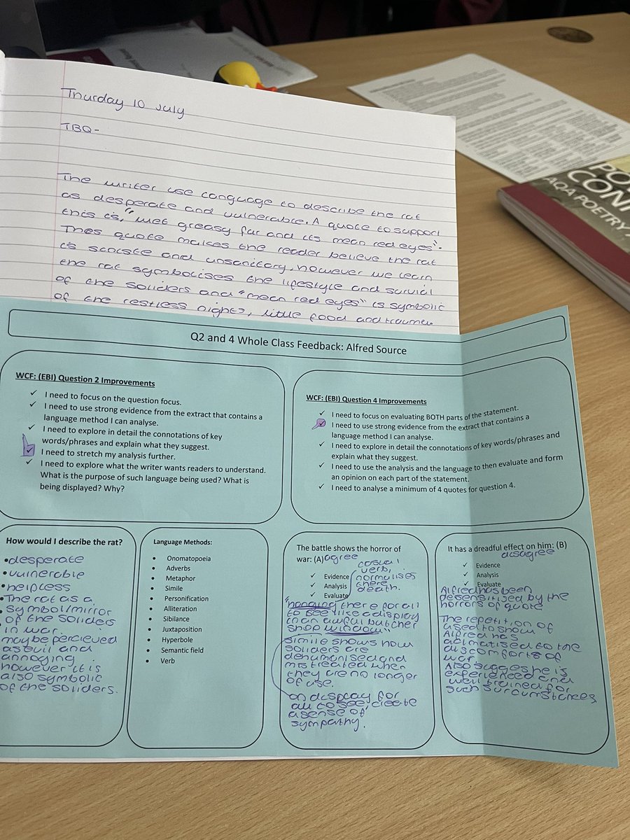 Whole class feedback focusing on unpicking key skills that needed revisiting 🤩