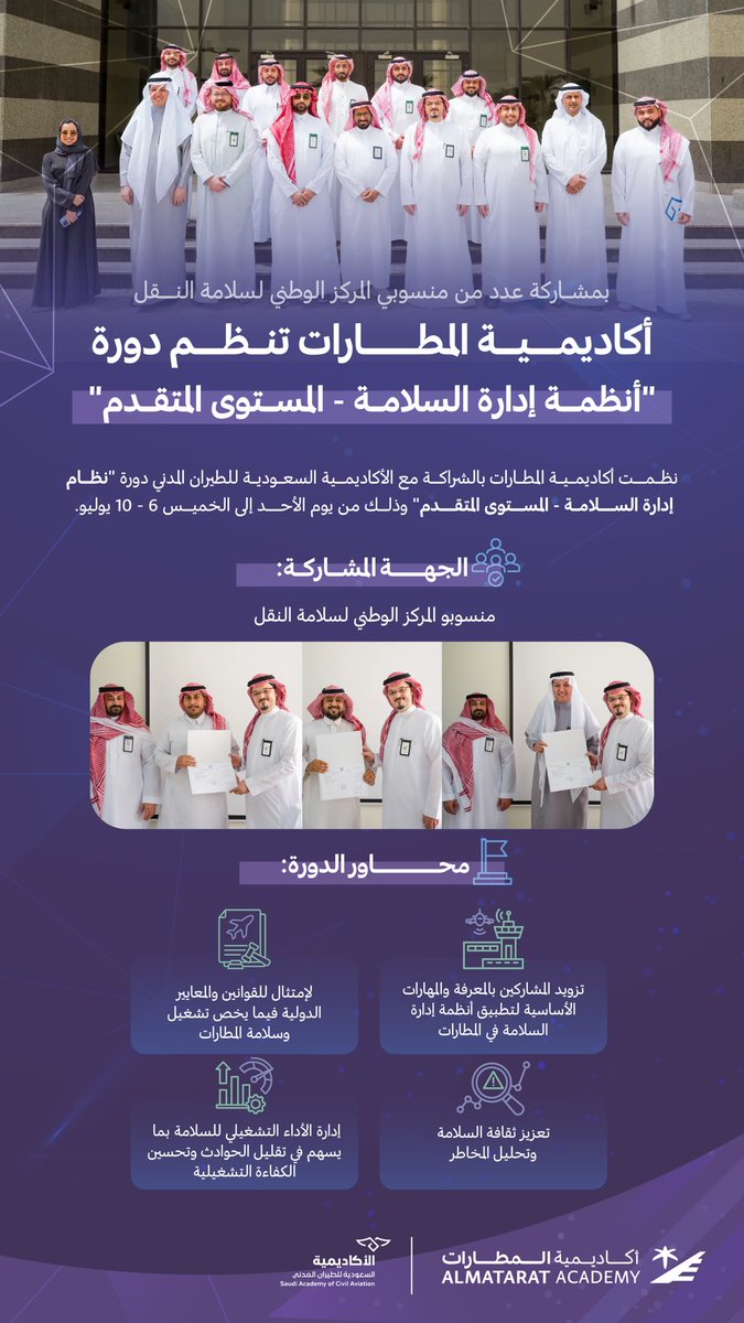 نظمت أكاديمية المطارات بالشراكة مع الأكاديمية السعودية للطيران المدني دورة " نظام إدارة السلامة - المستوى المتقدم " بمشاركة عدد من منسوبي المركز الوطني لسلامة النقل.
وتهدف الدورة إلى تعزيز ثقافة السلامة، وإدارة الأداء التشغيلي بما يضمن تحسين الكفاءة التشغيلية

<a href="/NTSC_KSA/">المركز الوطني لسلامة النقل</a>
<a href="/SACA_SA/">الأكاديمية السعودية للطيران المدني</a>