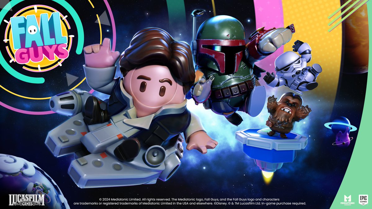FallGuysGame's tweet image. From a galaxy far, far away… ⭐
Costumes and cosmetics inspired by both Return of the Jedi and The Phantom Menace are in the Fall Guys Store!