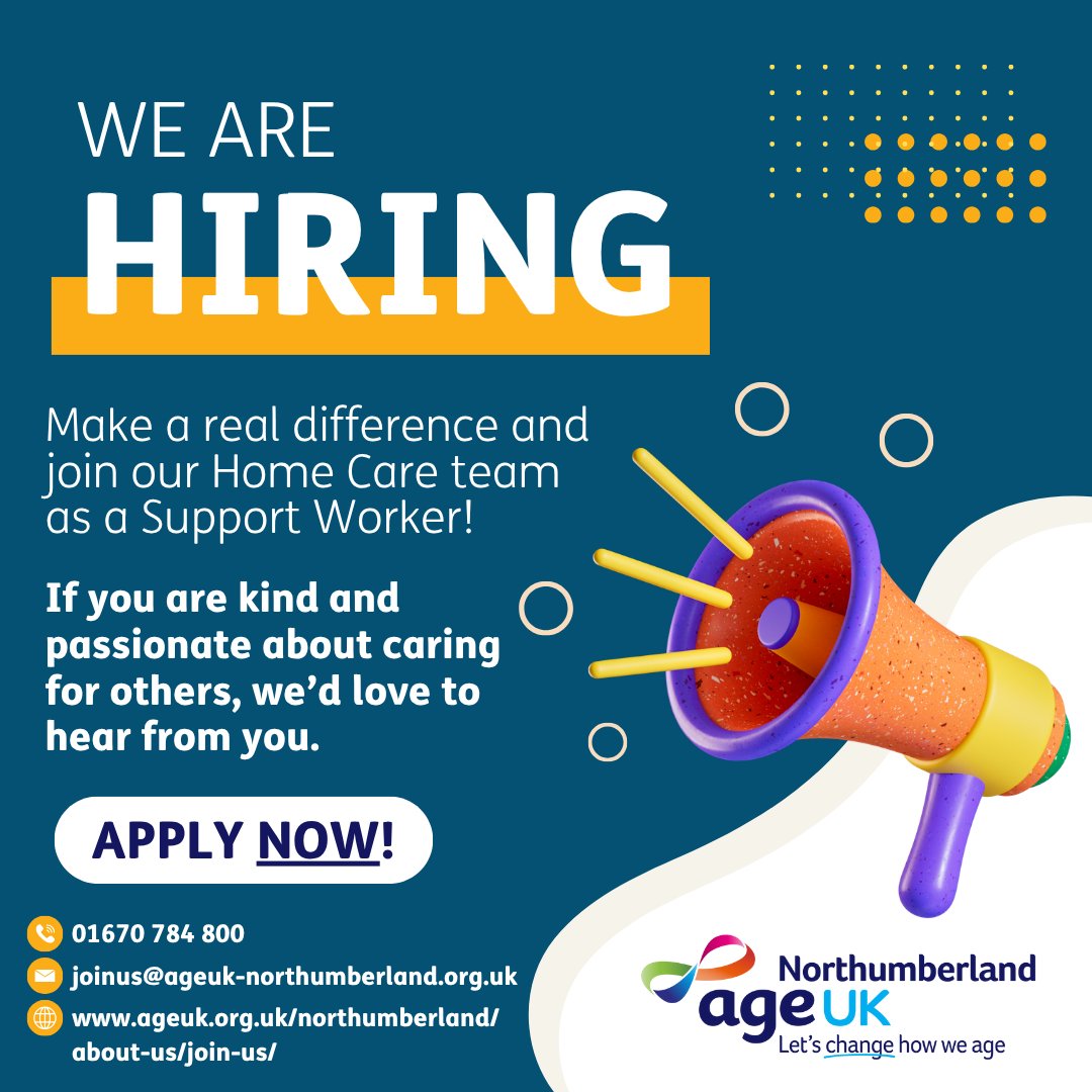 AgeUKNorthumber's tweet image. Fancy a career in care? Then we’ve got just the job! We’re looking for Support Workers to join our Home Care team.

Just click our website link to apply - ageuk.org.uk/northumberland… #recruitment #homecare #supportworker #careworker #jobsincare #healthcare #jobsinnorthumberland