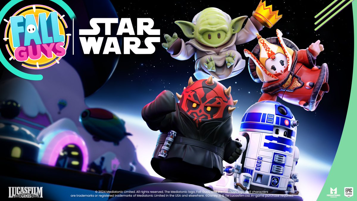 FallGuysGame's tweet image. From a galaxy far, far away… ⭐
Costumes and cosmetics inspired by both Return of the Jedi and The Phantom Menace are in the Fall Guys Store!