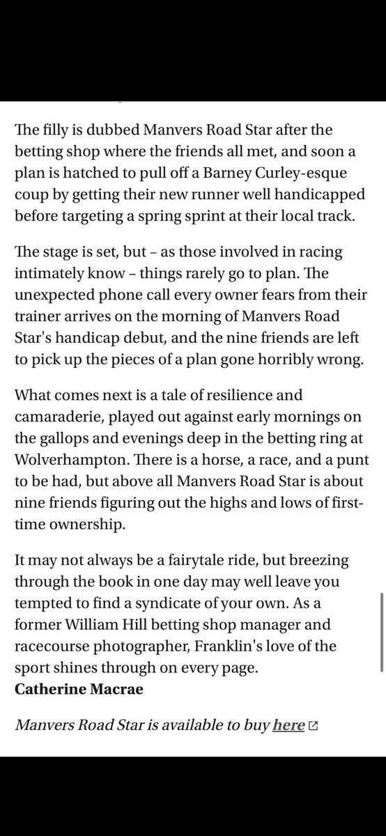 JonFranklin (@jonfranklin63) on Twitter photo Twice I have asked the <a href="/RacingPost/">Racing Post</a> to review my books and both times they have obliged. Special thanks to <a href="/JonHardingRP/">Jonathan Harding</a>. MRS is a story of friendship, resilience & the incredible bond between humans and horses ⭐️ click ⬇️ for more info. RT’s welcome!
amazon.co.uk/s?k=manvers+ro… Twice I have asked the <a href="/RacingPost/">Racing Post</a> to review my books and both times they have obliged. Special thanks to <a href="/JonHardingRP/">Jonathan Harding</a>. MRS is a story of friendship, resilience & the incredible bond between humans and horses ⭐️ click ⬇️ for more info. RT’s welcome!
amazon.co.uk/s?k=manvers+ro…