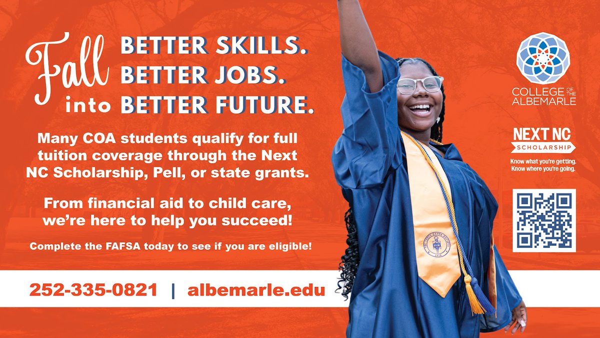 Fall into 𝘽𝙀𝙏𝙏𝙀𝙍 𝙎𝙆𝙄𝙇𝙇𝙎. 𝘽𝙀𝙏𝙏𝙀𝙍 𝙅𝙊𝘽𝙎. 𝘽𝙀𝙏𝙏𝙀𝙍 𝙁𝙐𝙏𝙐𝙍𝙀!
🐬🍂💙🧡
#TransformYourTomorrow TODAY! ➡️ albemarle.edu/apply-register/

#BetterSkillsBetterJobs #Fall2025