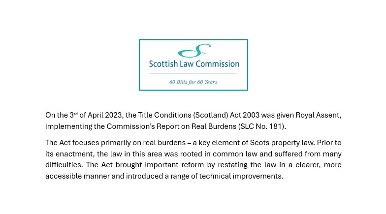 scotlawcom's tweet image. #60Billsfor60Years
Our next bill reformed the law of real burdens, modernising and simplifying a fundamental part of Scots property law.
Report: scotlawcom.gov.uk/files/8712/798…