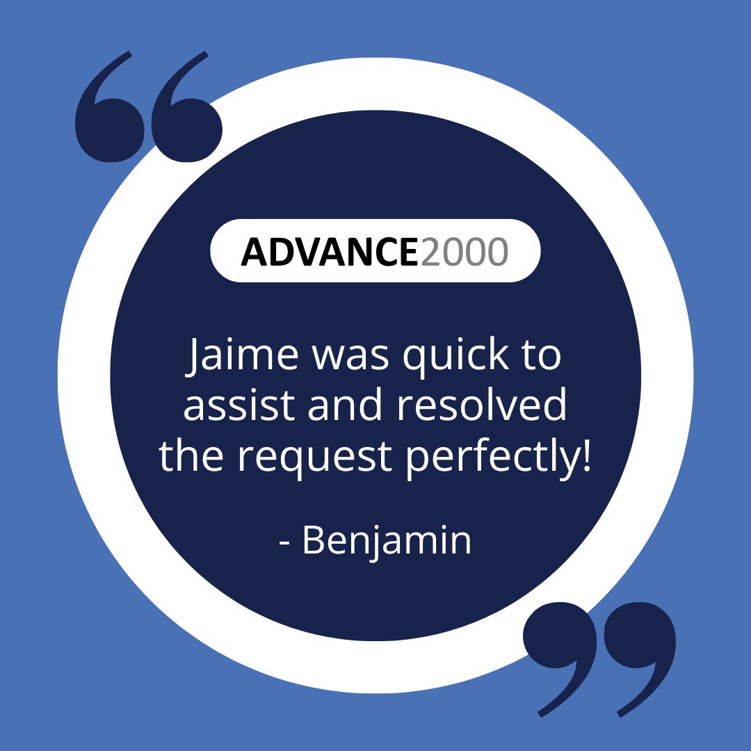 When speed and precision matter, Jaime delivers!  Another happy customer, another request resolved to perfection. 

#Advance2000 #HappyCustomer #ITService