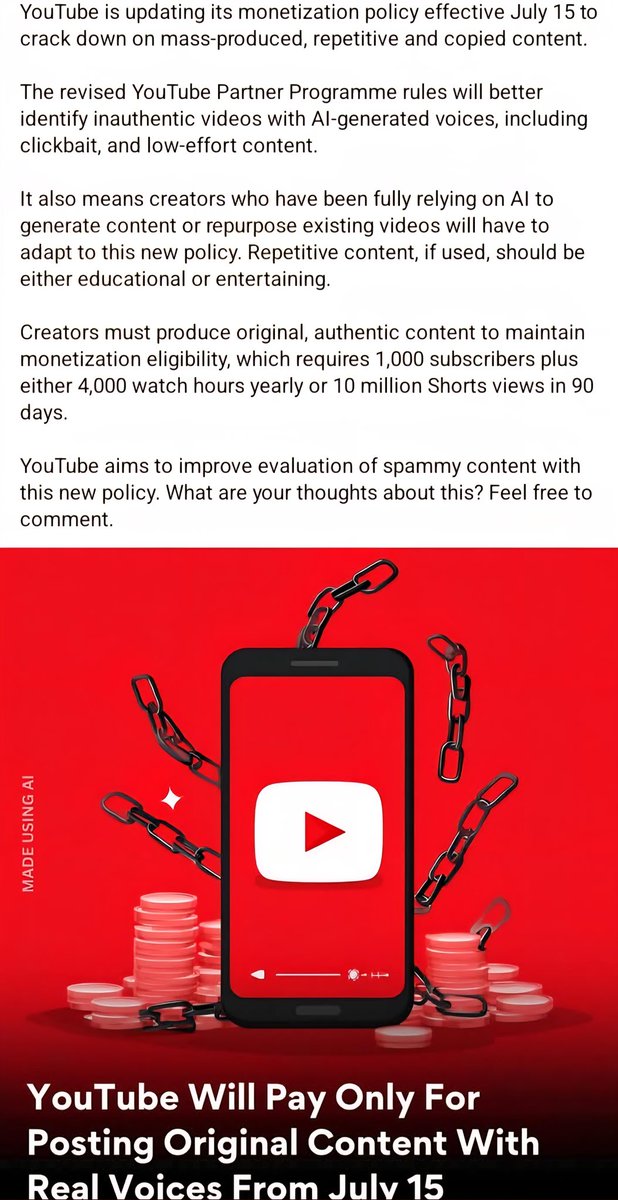 If this is true, that's definitely a good step in the right direction, both for Ai over reach, and for the content creator that just copies and spam other videos.