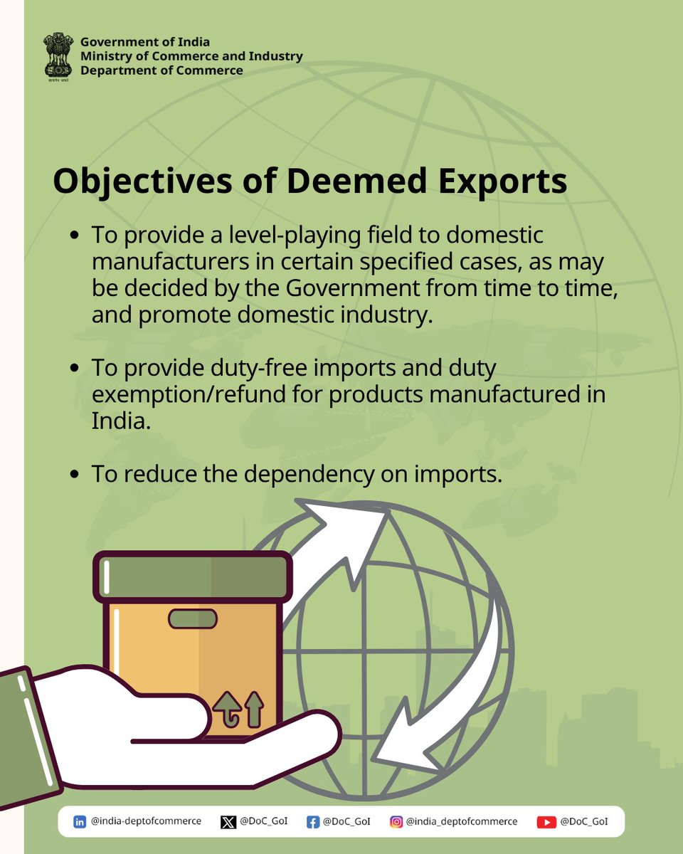 Learn about the objectives of deemed exports

Deemed exports strengthen India’s domestic manufacturing by promoting a level-playing field, enabling duty exemptions, and reducing import dependency.

#DeemedExports #TradePolicy #DoC_GoI