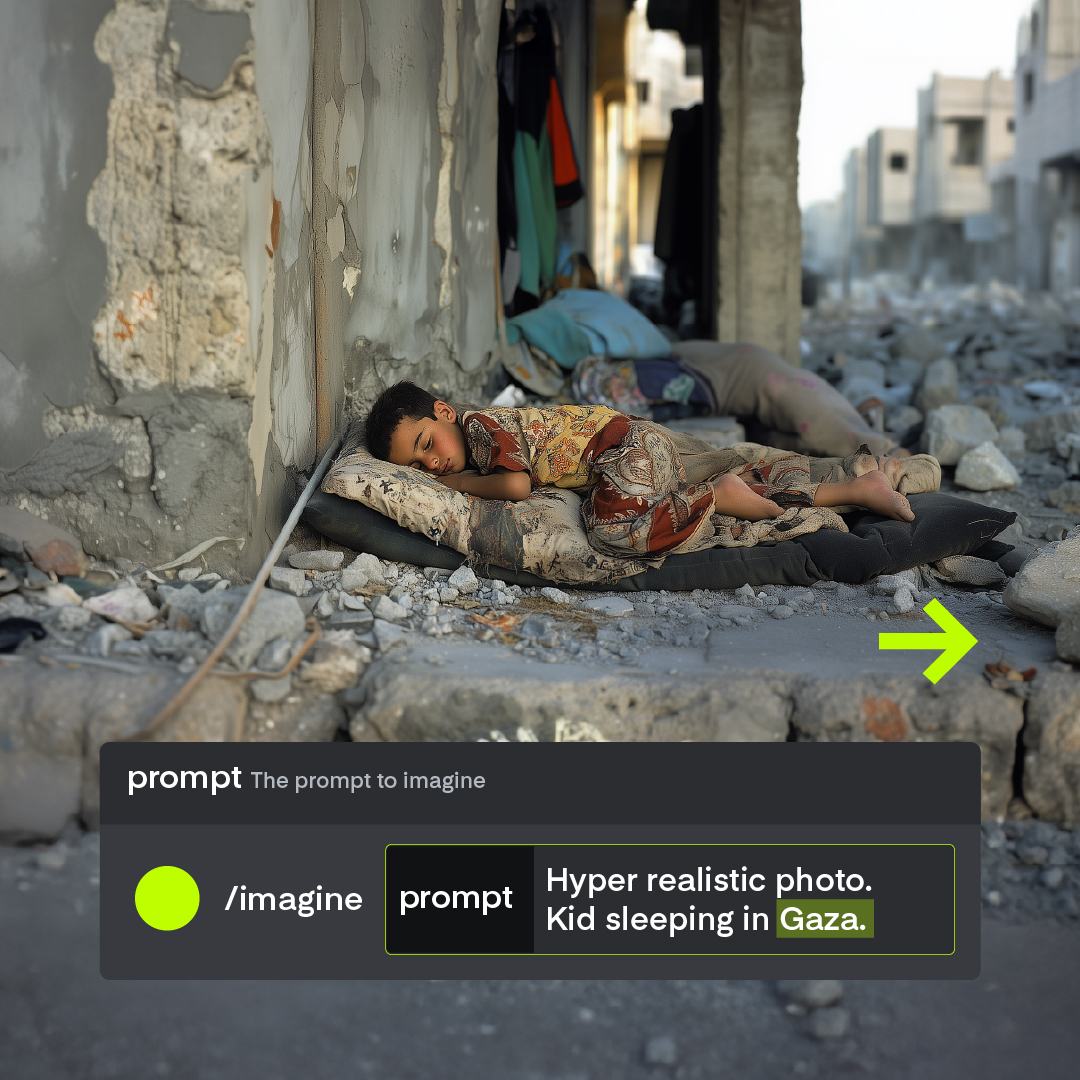 SaveChildrenEs's tweet image. 🧠Una sola palabra cambia todo.
Le pedimos a una IA que generara la imagen de un niño durmiendo en Japón. Luego, cambiamos “Japón” por “Gaza”.
Lo que devolvió no es ficción: es el mundo real que hemos creado.
Y podemos cambiarlo. stces.me/43IAgzp
#UnaPalabraLoCambiaTodo